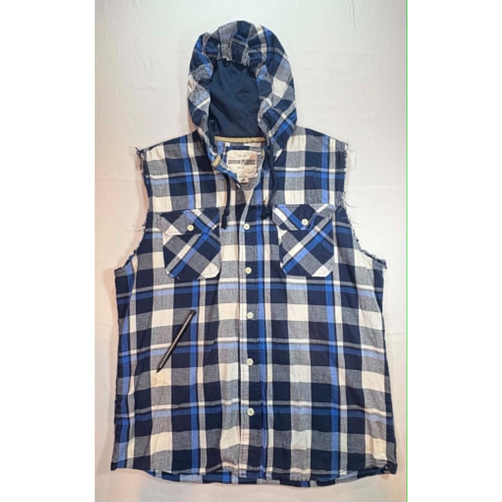 Ditch Plains Men's L Hooded Sleeveless Plaid Shirt Vest Blue White Raw Edge